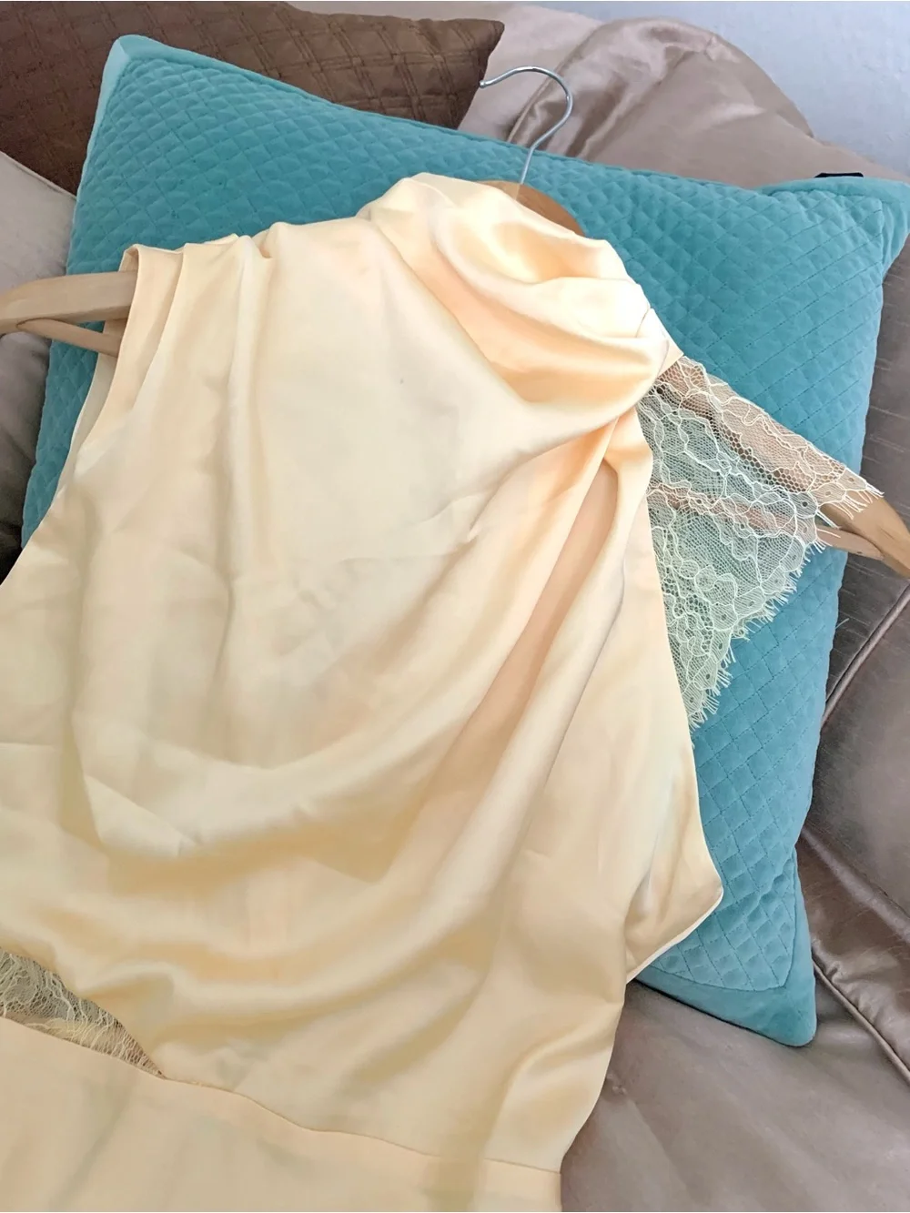 Petal & Pup Yellow Satin Asymmetric  Lace Sleeve Midi Cowl Neck Dress